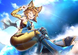 Rule 34 | 10s, 1girl, ;d, animal ears, barefoot, blue eyes, blush, bodysuit, breasts, brown hair, diving suit, erune, feet, granblue fantasy, headband, highres, hoppege, kairana, large breasts, long sleeves, looking at viewer, one eye closed, open mouth, short hair, smile, solo, surfboard, surfing, toeless legwear, toes, v, water, wetsuit