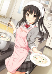Rule 34 | 1girl, apron, blush, bow, bowl, bowtie, broccoli, brown eyes, brown hair, cabinet, cardigan, carrot, clothes writing, cooking, cowboy shot, door, dress shirt, dutch angle, english text, eyebrows, faucet, from side, glint, heart, heart print, highres, holding, holding plate, indoors, kerchief, ladle, long hair, looking at viewer, nakamura sumikage, open mouth, original, pink apron, plaid, plaid bow, plaid bowtie, plaid neckwear, plaid skirt, plate, pleated skirt, pot, potato, red bow, red bowtie, school uniform, shirt, sidelocks, skirt, smiley face, solo, stove, sweater, tareme, twintails, wing collar