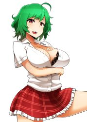 Rule 34 | 1girl, adapted costume, black bra, bra, breasts, cleavage, cowboy shot, female focus, green hair, hand on own chest, kazami yuuka, lace, lace-trimmed bra, lace trim, large breasts, looking at viewer, mattari yufi, miniskirt, open clothes, open mouth, open shirt, red eyes, shirt, short sleeves, simple background, skirt, smile, solo, touhou, underwear