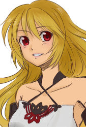 Rule 34 | 1girl, bare shoulders, blonde hair, blush, breasts, highres, long hair, milla (fractured), open mouth, red eyes, simple background, solo, tales of (series), tales of xillia, tales of xillia 2