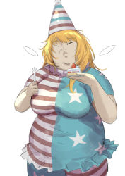 Rule 34 | 1girl, absurdres, american flag dress, american flag legwear, blonde hair, breasts, cake, clownpiece, detached wings, double chin, fairy wings, fat, food, fork, hat, highres, holding, holding fork, holding plate, jester cap, kiyonetto, large breasts, long hair, neck ruff, obese, pantyhose, party hat, plate, pointy hat, solo, star (symbol), star print, striped, touhou, wings