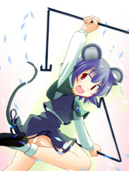 Rule 34 | 1girl, animal ears, blue hair, capelet, female focus, jewelry, mizushima kai, mouse ears, mouse tail, nazrin, pendant, red eyes, rod, solo, tail, touhou