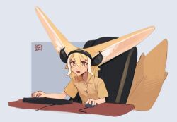 Rule 34 | 1girl, anatomical nonsense, animal ears, artist name, blonde hair, collared shirt, commentary, english commentary, fox ears, fox girl, fox tail, hair between eyes, headphones for animal ears, highres, kart prowler, keyboard (computer), mouse (computer), open mouth, original, playing games, shirt, short sleeves, sidelocks, solo, tail, upper body, very long ears, yellow eyes, yellow shirt