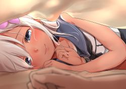 Rule 34 | 10s, 1girl, bad id, bad twitter id, bare arms, bare shoulders, black one-piece swimsuit, blanket, blonde hair, blurry, blush, closed mouth, dark-skinned female, dark skin, depth of field, futon, hair ornament, hairpin, half-closed eyes, kantai collection, looking at viewer, lying, neckerchief, on bed, on side, one-piece swimsuit, pov, pov across bed, pov hands, ro-500 (kancolle), sailor collar, shirt, sleeveless, sleeveless shirt, smile, solo focus, swimsuit, tan, tanline, umakuchi shouyu (into-rain), under covers, upper body, white shirt, wristband