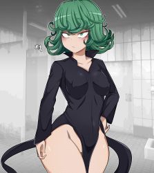 Rule 34 | 1girl, bathroom, black dress, blush, breasts, collarbone, curly hair, dress, green eyes, green hair, hand on own hip, highres, looking at viewer, medium breasts, no panties, one-punch man, pipi (pixiv21969619), short hair, solo, tatsumaki, thick thighs, thighs, wide hips