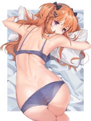 Rule 34 | 1girl, alternate eye color, ass, back, bare shoulders, bed sheet, blush, bra, breasts, brown hair, butt crack, covered mouth, damda, dimples of venus, girls&#039; frontline, hair ornament, hairclip, long hair, looking at viewer, looking back, lying, medium breasts, hugging object, on stomach, outside border, panties, pillow, pillow hug, purple bra, purple eyes, purple panties, scar, scar across eye, scar on face, shoulder blades, thighs, twintails, ump9 (girls&#039; frontline), underwear, underwear only