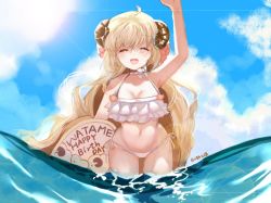 Rule 34 | 1girl, :d, ^ ^, ahoge, arm up, bare arms, bare shoulders, bikini, blonde hair, blue sky, breasts, character name, choker, cleavage, closed eyes, cloud, cloudy sky, commentary request, cowboy shot, curled horns, day, english text, facing viewer, happy birthday, hololive, horns, long hair, lunacats, medium breasts, navel, open mouth, outdoors, sheep horns, side-tie bikini bottom, sky, smile, solo, swimsuit, tsunomaki watame, twitter username, very long hair, virtual youtuber, wading, white bikini, white choker