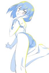 Rule 34 | 1girl, absurdres, ass, back, bare arms, bare legs, bare shoulders, blue bra, blue hair, blue panties, blush, bra, breasts, covering privates, d:, flip flappers, foreshortening, from behind, fukushi ryouhei, grey eyes, hair ornament, hairclip, highres, kneepits, kokomine cocona, looking at viewer, looking back, off shoulder, open mouth, pale color, panties, partially colored, short hair, simple background, small breasts, solo, underwear, underwear only, v-shaped eyebrows, white background