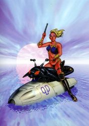 Rule 34 | 1girl, arm up, baloom, bikini, blonde hair, boots, cloud, dark skin, dark-skinned female, female focus, flying hair, full body, gun, holster, jewelry, looking up, ocean, open mouth, painted eyebrows, ponytail, shadow, sitting, sky, solo, space adventure cobra, straddling, sun, swimsuit, tan, terasawa buichi, thigh holster, water scooter, weapon