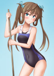 Rule 34 | 1girl, alternate costume, anti (untea9), aqua background, aqua eyes, aqua ribbon, asagumo (kancolle), black one-piece swimsuit, blue one-piece swimsuit, blush, breasts, broom, brown hair, collarbone, competition swimsuit, covered navel, cowboy shot, gradient background, hair ribbon, highres, kantai collection, long hair, looking at viewer, one-piece swimsuit, ribbon, small breasts, solo, swimsuit, twintails, twitter username, two-tone swimsuit