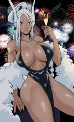 Rule 34 | 1girl, absurdres, alternate costume, alternate hairstyle, animal ears, ass, backless dress, backless outfit, bare shoulders, bighead333, black dress, boku no hero academia, breasts, champagne flute, chinese zodiac, cleavage, cocktail dress, collarbone, cup, dark-skinned female, dark skin, dress, drinking glass, evening gown, fireworks, formal, fur shawl, happy new year, highres, huge ass, huge breasts, long eyelashes, long hair, looking at viewer, mature female, mirko, muscular, muscular female, new year, night, night sky, outdoors, pelvic curtain, plunging neckline, rabbit girl, red eyes, revealing clothes, shawl, sky, smile, solo, superhero costume, thick thighs, thighs, toned, white hair, year of the rabbit