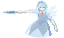Rule 34 | 1girl, blouse, cirno, clear cross, collared shirt, cowboy shot, dress, female focus, outline, pinafore dress, shirt, simple background, sleeveless, sleeveless dress, solo, sword, touhou, weapon, white background, white shirt