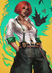 Rule 34 | 1girl, 1other, abs, absurdres, belt, black pants, breasts, cigarette, cleavage, collared shirt, commentary, dark-skinned female, dark skin, english commentary, giovanna (guilty gear), green eyes, green fur, guilty gear, guilty gear strive, hands in pockets, high-waist pants, highres, large breasts, lips, looking at viewer, monori rogue, multiple belts, nose, pants, partially unbuttoned, police badge, realistic, red hair, rei (guilty gear), shirt, short hair, sleeves pushed up, smoking, solo, suspenders, white shirt