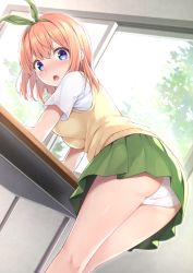 Rule 34 | 1girl, ass, blue eyes, blush, breasts, brown hair, commentary request, day, desk, dutch angle, go-toubun no hanayome, green hairband, green ribbon, green skirt, hair between eyes, hair ribbon, hairband, indoors, karutamo, leaning forward, looking at viewer, looking to the side, medium breasts, nakano yotsuba, nose blush, open mouth, panties, pantyshot, ribbon, school desk, school uniform, shirt, short sleeves, skirt, solo, standing, sunlight, sweater vest, underwear, white panties, white shirt, window