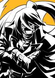 Rule 34 | 1boy, belt, blonde hair, crossed arms, english text, greyscale, greyscale with colored background, guilty gear, guilty gear xrd, hair between eyes, long hair, long sleeves, looking at viewer, male focus, metal skin, monochrome, piko (osso), ponytail, robo-ky, robot, solo, yellow background, yellow eyes