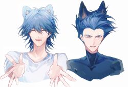 Rule 34 | 2boys, absurdres, alternate costume, animal ears, antinomy, bad id, bad lofter id, blue hair, blue shirt, bruno (yu-gi-oh!), closed eyes, cropped torso, dog ears, grey eyes, hair slicked back, hands up, happy, highres, kemonomimi mode, male focus, medium hair, multiple boys, naoki (2rzmcaizerails6), open mouth, outstretched hand, reaching, reaching towards viewer, serious, shirt, short hair, smile, spiked hair, turtleneck, turtleneck shirt, upper body, white background, white shirt, wolf ears, yu-gi-oh!, yu-gi-oh! 5d&#039;s