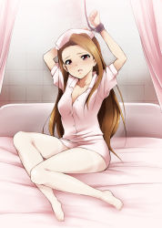 Rule 34 | 1girl, arms up, bdsm, bed, blush, bondage, bound, breasts, brown hair, chain, cleavage, cuffs, curtains, feet, hat, idolmaster, idolmaster (classic), kaiga, long hair, long legs, looking at viewer, medium breasts, minase iori, no shoes, nurse, nurse cap, pantyhose, red eyes, solo, tears, thighband pantyhose, tile wall, tiles, toes, white pantyhose