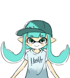 Rule 34 | 1girl, animated, animated gif, aqua eyes, aqua hair, aqua hat, bad id, bad twitter id, blue eyes, blue hair, blue hat, blush, comamawa, grey pants, hat, inkling, inkling girl, inkling player character, jumping, long hair, looking at viewer, nintendo, pants, pointy ears, shirt, short sleeves, simple background, smile, solo, splatoon (series), splatoon 2, upper body, white background, white shirt