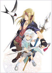 Rule 34 | 2boys, bird, bird request, black gloves, blonde hair, boots, border, cape, closed mouth, fingerless gloves, from above, gloves, grey border, grey shorts, headband, hitaki (tempo), holding, holding sword, holding weapon, jacket, long hair, looking at viewer, magic circle, male focus, medium hair, multiple boys, original, outstretched arm, perspective, polearm, short sleeves, shorts, standing, sword, weapon, white background, white hair