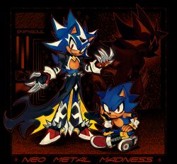 Rule 34 | 2boys, 9474s0ul, alternate universe, animal ears, animal nose, boots, closed mouth, commentary, english commentary, english text, fang, fingerless gloves, frown, full body, furry, furry male, gloves, head rest, highres, indian style, looking at viewer, male focus, metal sonic, multiple boys, neo metal sonic, red eyes, red footwear, sitting, smile, sonic (series), spiked footwear, standing