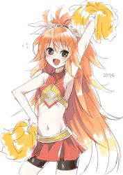 Rule 34 | 10s, 1girl, 2014, arm up, armpits, blush, cheerleader, crop top, fiana else, hand on own hip, kaida michi, long hair, looking at viewer, midriff, navel, open mouth, orange hair, pom pom (cheerleading), simple background, sketch, smile, solo, white background