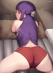 Rule 34 | all fours, artist name, ass, blunt bangs, bra, fern (sousou no frieren), from behind, hair ornament, highres, kimoshi, long hair, looking back, panties, pillow, purple hair, red bra, red panties, shiny skin, solo, sousou no frieren, spread legs, underwear