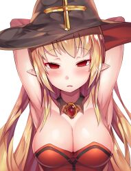Rule 34 | 1girl, absurdres, armpits, arms behind head, arms up, blonde hair, blush, breasts, ddg160, hat, highres, hypnosis, large breasts, long hair, mind control, nian (witch), open mouth, pointy ears, red eyes, witch, witch hat