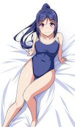 Rule 34 | 10s, 1girl, bed sheet, blue hair, blue one-piece swimsuit, blush, breasts, commentary request, competition school swimsuit, covered navel, highres, long hair, looking at viewer, looking up, love live!, love live! sunshine!!, matsuura kanan, one-piece swimsuit, ponytail, purple eyes, school swimsuit, sitting, smile, solo, swimsuit, yopparai oni