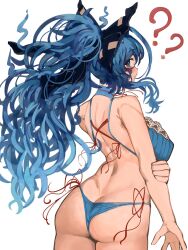Rule 34 | 1girl, ?, ??, ass, bikini, blue bow, blue hair, blush, bow, butt crack, dimples of venus, frilled bikini top, from behind, hair bow, highres, holding own arm, long hair, looking at viewer, ponytail, red bow, smile, solo, standing, swimsuit, tomatolover16, touhou, white background, yorigami shion