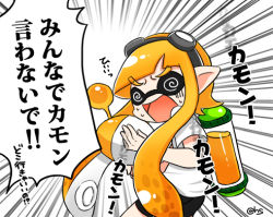 Rule 34 | 1girl, @ @, bike shorts, commentary request, emphasis lines, goggles, goggles on head, hanano sumire (artist), holding, ink tank (splatoon), inkling, inkling girl, inkling player character, long hair, lowres, nintendo, open mouth, orange hair, paint, pointy ears, shirt, short sleeves, simple background, solo, splatoon (series), splatoon 1, sweat, t-shirt, tentacle hair, translation request, white background, white shirt