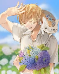 Rule 34 | 1boy, animal, animal on shoulder, bell, blonde hair, blurry, blurry background, bouquet, closed eyes, day, depth of field, flower, hand up, highres, hug, hydrangea, leaf, light rays, looking at another, male focus, natsume takashi, natsume yuujinchou, nyanko-sensei, parted bangs, school uniform, shadow, shirt, short hair, short sleeves, smile, sunlight, upper body, white shirt, zoha
