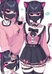 Rule 34 | 1girl, absurdres, animal ears, belt, black bow, black bowtie, black hair, black mask, black skirt, black thighhighs, blue archive, blush, bow, bowtie, cat ears, cat girl, cat tail, claw pose, cowboy shot, extra ears, food, halo, high-waist skirt, highres, jirai kei, kazusa (blue archive), legs together, long sleeves, looking at viewer, macaron, mask, medium hair, metaljelly, mouth mask, multicolored hair, multiple views, petticoat, pink eyes, pink hair, pink shirt, pleated skirt, shirt, shirt tucked in, sidelocks, simple background, skindentation, skirt, sleeves past wrists, straight-on, streaked hair, suspender skirt, suspenders, tail, thick thighs, thigh belt, thigh strap, thighhighs, thighs, white background, zettai ryouiki