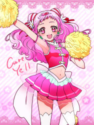Rule 34 | 10s, 1girl, :d, arm up, bow, character name, cheerleader, cone hair bun, cure yell, double bun, earrings, flower, hair bun, hair flower, hair ornament, hair ribbon, heart, heart hair ornament, hugtto! precure, jewelry, kagami chihiro, layered skirt, long hair, looking at viewer, magical girl, navel, nono hana, open mouth, pink background, pink eyes, pink hair, pink shirt, pink skirt, pom pom (cheerleading), precure, red ribbon, ribbon, see-through, shirt, skirt, sleeveless, sleeveless shirt, smile, solo, thighhighs, white bow, white thighhighs, zettai ryouiki
