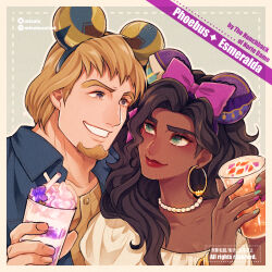 Rule 34 | 1boy, 1girl, animification, aqua eyes, bangle, black hair, blue shirt, bow, bracelet, breasts, brown hair, character name, cleavage, copyright name, cup, dark-skinned female, dark skin, disposable cup, dress, drinking straw, earrings, esmeralda (disney), eye contact, facial hair, goatee, green nails, hair bow, hetero, holding, holding cup, hoop earrings, instagram username, jewelry, lipstick, looking at another, makeup, medium breasts, mickey mouse ears, mizala, necklace, phoebus, pink bow, pink nails, shirt, short hair, simple background, smile, the hunchback of notre dame, thick eyebrows, twitter username, upper body, watermark, white dress