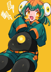Rule 34 | :d, absurdres, bellibolt, belt, belt buckle, big belly, black pantyhose, blush stickers, buckle, commentary request, creatures (company), eyelashes, game freak, green hair, green jacket, green shorts, hands up, highres, jacket, lightning bolt symbol, long sleeves, multicolored hair, nintendo, open mouth, orange belt, orange eyes, orange hair, pantyhose, personification, pokemon, shorts, sideways glance, sleeves past fingers, sleeves past wrists, smile, tongue, yellow background, zutazutako