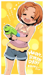 Rule 34 | 1girl, :d, ^ ^, bare arms, bare shoulders, black shorts, brown hair, camisole, character name, closed eyes, commentary request, criss-cross halter, dated, feet out of frame, hair ornament, hairclip, halterneck, happy birthday, highres, holding, idolmaster, idolmaster cinderella girls, lemon pan, one-piece tan, open mouth, outline, parted bangs, pink camisole, ryuzaki kaoru, short eyebrows, short shorts, shorts, smile, solo, standing, tan, tanline, teeth, thick eyebrows, translated, upper teeth only, water gun, white outline