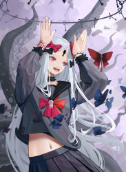 Rule 34 | 1girl, :d, abigail williams (fate), abigail williams (third ascension) (fate), absurdres, black skirt, blue nails, bow, bug, butterfly, commentary, cowboy shot, fate/grand order, fate (series), grey hair, grey skirt, hair bow, highres, insect, key, keyhole, long hair, long sleeves, looking to the side, lwj, midriff, multiple hair bows, nail polish, navel, neck ribbon, open mouth, parted bangs, pink eyes, pleated skirt, rabbit pose, red bow, red ribbon, ribbon, sharp teeth, skirt, smile, solo, standing, teeth, tentacles