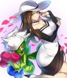 Rule 34 | 1girl, bad id, bad twitter id, beauty (pokemon), black dress, blush, breasts, brown hair, choker, cleavage, closed mouth, collarbone, covered navel, creatures (company), dress, flower, game freak, gen 4 pokemon, green eyes, hat, large breasts, long hair, long sleeves, looking at viewer, nail polish, nintendo, parted bangs, petals, pokemon, pokemon (creature), pokemon masters ex, pokoten (pokoten718), red eyes, roserade, short hair, smile, sun hat, thighs, two-tone dress, white background, white dress, white hair