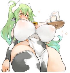 Rule 34 | 1girl, ahoge, animal ears, animal print, blush, breasts, covered erect nipples, cow ears, cow horns, cow print, cowbell, curvy, detached sleeves, from below, glass, horns, huge breasts, large areolae, large nipples, long hair, looking at viewer, looking down, milk, original, pelvic curtain, ponytail, puffy areolae, puffy nipples, sachito, sidelocks, solo, sumi-chan (sachito), thick thighs, thighhighs, thighs, tray, very long hair, wide hips, yellow eyes