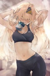 Rule 34 | 1girl, amunero (kyouka jinrui amunero), arms up, bike shorts, black shorts, black sports bra, blonde hair, blurry, blurry background, blush, breasts, cleavage, closed mouth, commentary, frown, glaring, hairband, half-closed eyes, hands in hair, highres, hyocorou, looking at viewer, medium breasts, mouth hold, navel, open mouth, original, shorts, solo, sports bra, standing, steam, sweat, yellow eyes, yellow hairband