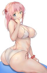 Rule 34 | 1girl, :d, ass, aymusk, ball, bikini, blue eyes, breasts, butt crack, clenched hand, covered erect nipples, exercise ball, hair ribbon, highres, large breasts, looking at viewer, looking to the side, mole, mole on breast, open mouth, original, pink hair, ribbon, scrunchie, shiny skin, side-tie bikini bottom, sideboob, sitting, smile, solo, swimsuit, transparent background, white bikini, wrist scrunchie