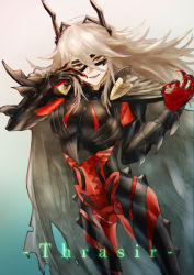 Rule 34 | 1girl, armor, bone, breastplate, character name, claws, feh xeri, fire emblem, fire emblem heroes, highres, horned mask, large areolae, long hair, mask, nintendo, ok sign, parted lips, red eyes, see-through, simple background, skeleton, solo, thrasir (fire emblem), see-through body, white hair
