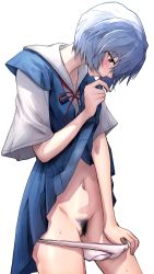 Rule 34 | 1girl, ayanami rei, blue hair, blush, clothes lift, crotch seam, dirty panties, dress, dress lift, female focus, female pubic hair, highres, irohasu (csah8525), lifted by self, navel, neon genesis evangelion, panties, panty pull, pubic hair, pulled by self, pussy juice, pussy juice trail, red eyes, school uniform, short hair, stained panties, stomach, tagme, thighs, tokyo-3 middle school uniform, underwear, white background