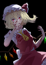 Rule 34 | 1girl, absurdres, ascot, black background, blonde hair, blood, blood on clothes, blood on face, blood on hands, clenched teeth, cowboy shot, crystal, dress, flandre scarlet, hat, highres, red dress, red eyes, sakuraba68, simple background, solo, teeth, touhou, yellow ascot