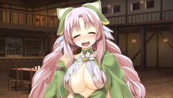 Rule 34 | 1girl, ^ ^, atelier-moo, blush, braid, breasts, cleavage, closed eyes, curtained hair, dress, drunk, happy, highres, large breasts, long hair, long sleeves, looking at viewer, narrow waist, night, nina lazydaisy, open mouth, pink hair, ribbon, smile, solo, standing, tavern, teeth, twin braids, upper body, upper teeth only, wizards symphony