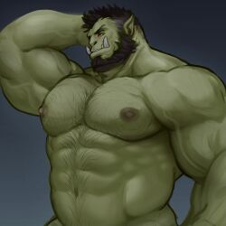 Rule 34 | 110 (ylnzei), 1boy, abs, arm behind head, bara, beard, bored, chest hair, colored skin, completely nude, facial hair, green skin, groin, highres, large pectorals, looking to the side, male focus, mature male, monster boy, muscular, muscular male, navel, navel hair, nipples, nude, orc, original, pectorals, pointy ears, red eyes, scratching head, short hair, solo, stomach, strongman waist, thick eyebrows, tusks