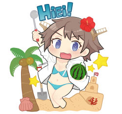 Rule 34 | 1girl, absurdres, bikini, blue bikini, brown hair, character name, chibi, commentary request, dokuganryuu, flipped hair, food, fruit, hairband, headgear, hiei (kancolle), highres, hood, hooded jacket, hoodie, jacket, kantai collection, ladle, looking at viewer, open clothes, open jacket, open mouth, palm tree, purple eyes, sand castle, sand sculpture, shell, short hair, shovel, simple background, smile, solo, star (symbol), swimsuit, tree, watermelon, white background, white jacket