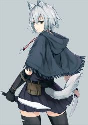 Rule 34 | 1girl, animal ears, belt, bracer, brown eyes, cowboy shot, dagger, from behind, grey background, highres, hood, jewelry, knife, kou v05first, looking at viewer, looking back, original, pendant, pleated skirt, pouch, serious, shawl, silver hair, simple background, skirt, solo, tail, thighhighs, torn clothes, torn skirt, torn thighhighs, weapon, wolf ears, wolf tail, zettai ryouiki