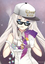 Rule 34 | 1girl, artist name, bad id, bad twitter id, blue eyes, chain, cigarette, commentary, deal with it (meme), dollar sign, english text, fate/grand order, fate (series), gift card, gloves, gold chain, hat, itunes, jewelry, kaetzchen, long hair, looking at viewer, marie antoinette (fate), marie antoinette (third ascension) (fate), meme, mouth hold, necklace, open mouth, peaked cap, pixelated, saint quartz (fate), sleeveless, smoking, solo, sparkle, sunglasses, twintails, upper body, white gloves, white hair