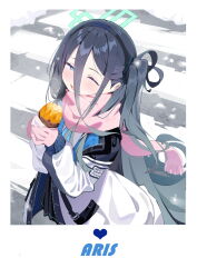 Rule 34 | 1girl, absurdly long hair, absurdres, aqua halo, aris (blue archive), black hair, blue archive, blue eyes, blush, etoile, food, fringe trim, green halo, halo, highres, holding, holding food, jacket, japanese clothes, long hair, one eye closed, open clothes, open jacket, open mouth, pink scarf, scarf, smile, solo, sweet potato, very long hair, white jacket